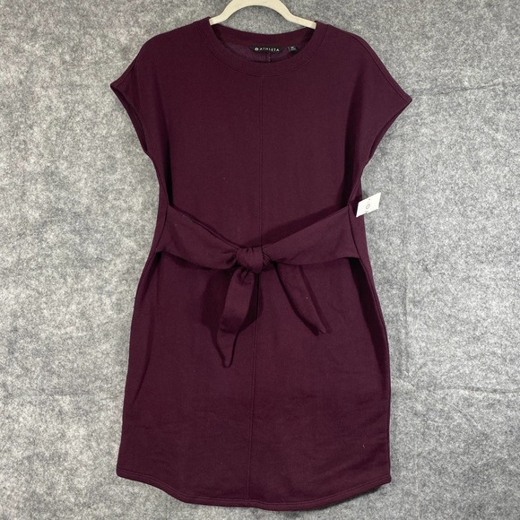Athleta Dress XS Maroon Purple Short Sleeve Embrace Knit Mini Waist Tie NEW - Picture 1 of 12